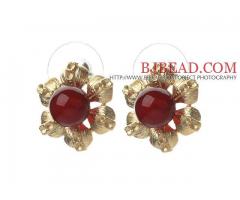 Elegant Style Carnelian And Golden Color Metal Flower Stud Earrings