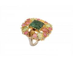 Silver Gold Plated Emerald & Tourmaline Floral Ring