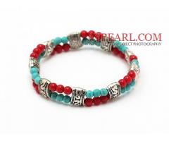 Fashion double round blue turquoise and red coral bracelet 